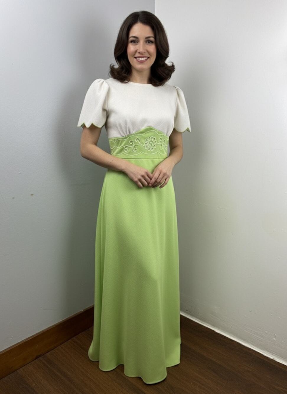 Vintage Hand Crafted Green White Modest Maxi Dress Size 16.5